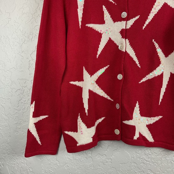 Susan Bristol Red and White Star Button Down Cardigan Sequin Sz Small - Picture 3 of 9